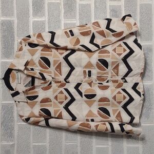 100% Linen Studio Works Geometric Button Down with Roll Tab Sleeves Size Small